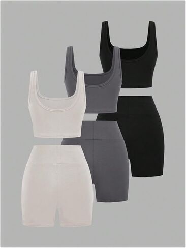 MakeMeChic Women's 3 Pack Sets Scoop Neck Sleeveless Tank Crop Top and Shorts Set in Saudi Arabia