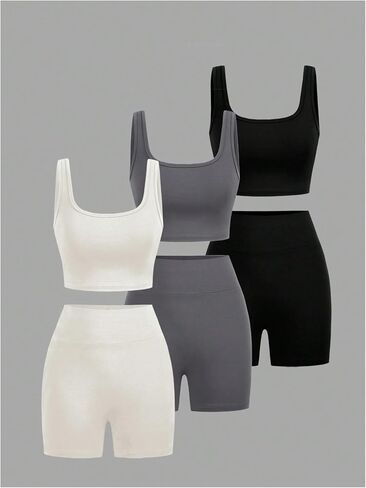 MakeMeChic Women's 3 Pack Sets Scoop Neck Sleeveless Tank Crop Top and Shorts Set in Saudi Arabia