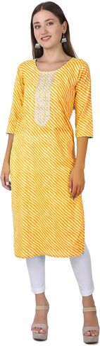 ladyline Women's Cotton Tunic Top Kurti - Ethnic Leheriya Printed Embroidered Sequins Indian Kurta in Saudi Arabia