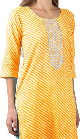 ladyline Women's Cotton Tunic Top Kurti - Ethnic Leheriya Printed Embroidered Sequins Indian Kurta in Saudi Arabia