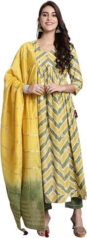 Rajnandini Women's Pure Cotton Yellow & Green Jaipuri Printed and Embroidered Kurta Set with Dupatta (JOPLJPR845-P) in Saudi Arabia