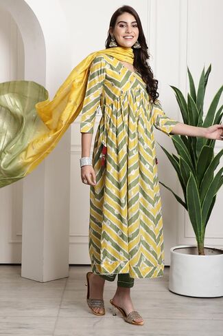 Rajnandini Women's Pure Cotton Yellow & Green Jaipuri Printed and Embroidered Kurta Set with Dupatta (JOPLJPR845-P) in Saudi Arabia