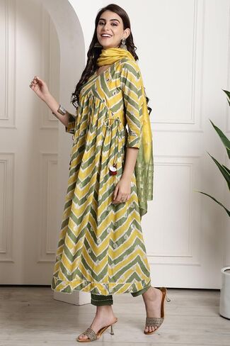 Rajnandini Women's Pure Cotton Yellow & Green Jaipuri Printed and Embroidered Kurta Set with Dupatta (JOPLJPR845-P) in Saudi Arabia