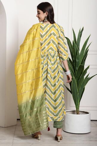 Rajnandini Women's Pure Cotton Yellow & Green Jaipuri Printed and Embroidered Kurta Set with Dupatta (JOPLJPR845-P) in Saudi Arabia