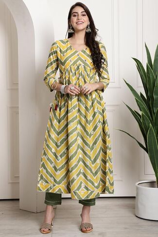 Rajnandini Women's Pure Cotton Yellow & Green Jaipuri Printed and Embroidered Kurta Set with Dupatta (JOPLJPR845-P) in Saudi Arabia