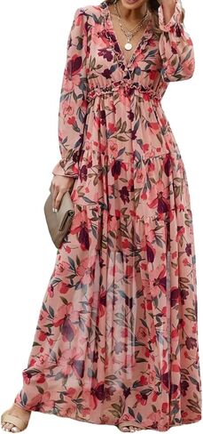 Women Summer Dresses V-Neck Floral Long Dress Casual Puff Sleeve Square Neck Floral Formal Dress in Saudi Arabia