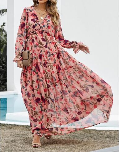 Women Summer Dresses V-Neck Floral Long Dress Casual Puff Sleeve Square Neck Floral Formal Dress in Saudi Arabia