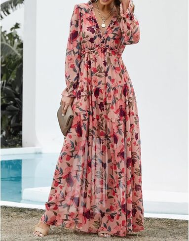 Women Summer Dresses V-Neck Floral Long Dress Casual Puff Sleeve Square Neck Floral Formal Dress in Saudi Arabia