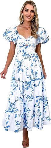 Women Summer Dresses V-Neck Floral Long Dress Casual Puff Sleeve Square Neck Floral Formal Dress in Saudi Arabia