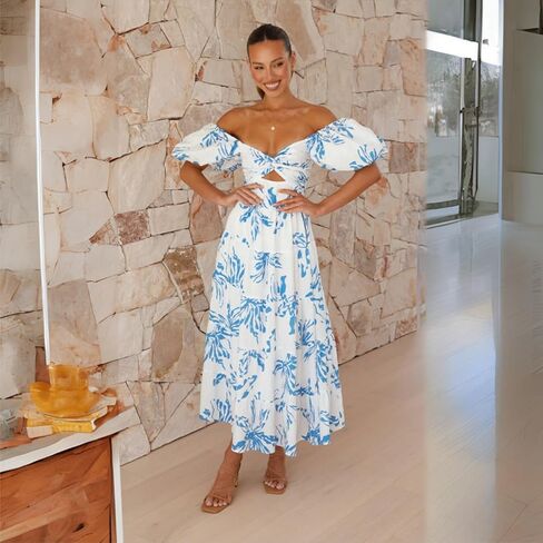 Women Summer Dresses V-Neck Floral Long Dress Casual Puff Sleeve Square Neck Floral Formal Dress in Saudi Arabia