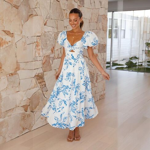 Women Summer Dresses V-Neck Floral Long Dress Casual Puff Sleeve Square Neck Floral Formal Dress in Saudi Arabia