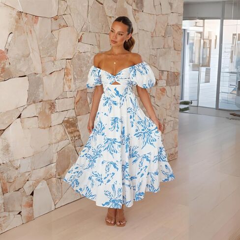 Women Summer Dresses V-Neck Floral Long Dress Casual Puff Sleeve Square Neck Floral Formal Dress in Saudi Arabia