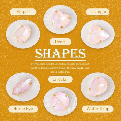 TANOSII Sew on Rhinestones 60 PCS Mixed Shapes Glass Rhinestones Sew on Crystal Gems Mental Flatback with Golden Claw for Jewelry Crafts Clothes Shoes Costume Garment Pink in Saudi Arabia