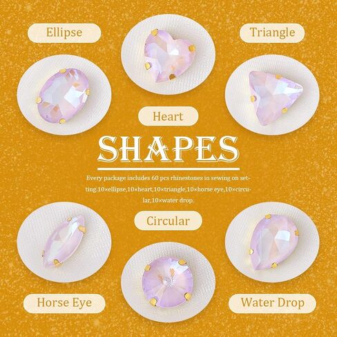 TANOSII Sew on Rhinestones 60 PCS Mixed Shapes Glass Rhinestones Sew on Crystal Gems Mental Flatback with Golden Claw for Jewelry Crafts Clothes Shoes Costume Garment Pink in Saudi Arabia