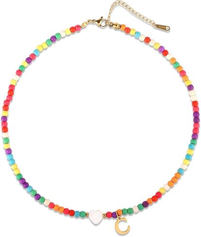 Initial Beaded Necklace, Colorful Cute Beaded Necklace with Heart Shells Stylish Letter Pendant Necklace Handmade Personalized A-Z Gifts for Women Girls in Saudi Arabia