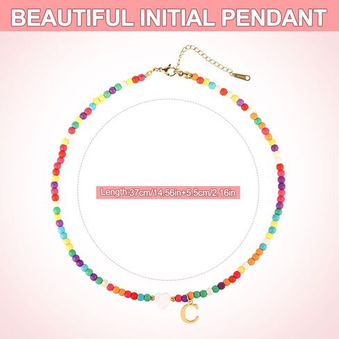 Initial Beaded Necklace, Colorful Cute Beaded Necklace with Heart Shells Stylish Letter Pendant Necklace Handmade Personalized A-Z Gifts for Women Girls in Saudi Arabia