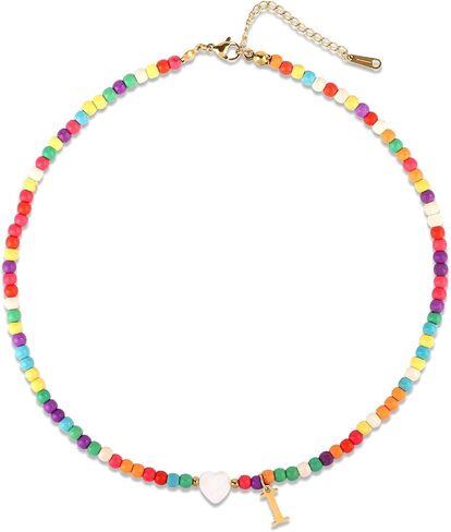 Initial Beaded Necklace, Colorful Cute Beaded Necklace with Heart Shells Stylish Letter Pendant Necklace Handmade Personalized A-Z Gifts for Women Girls in Saudi Arabia