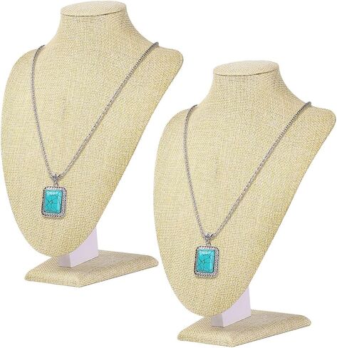 Flexzion Necklace Bust Display Stand (2 Pack) - 9.6 Inch 3D Mannequin Beige Linen Necklace Display Holder for Home, Boutique & Trade Shows - Jewelry Display for Selling Necklace, Pendants, Lockets in Saudi Arabia