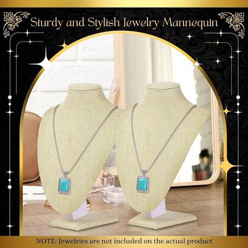 Flexzion Necklace Bust Display Stand (2 Pack) - 9.6 Inch 3D Mannequin Beige Linen Necklace Display Holder for Home, Boutique & Trade Shows - Jewelry Display for Selling Necklace, Pendants, Lockets in Saudi Arabia