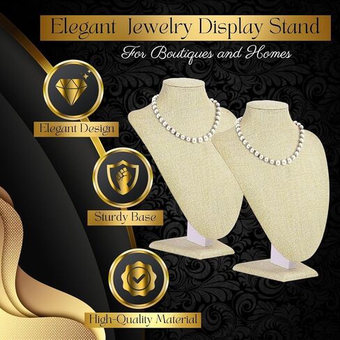 Flexzion Necklace Bust Display Stand (2 Pack) - 9.6 Inch 3D Mannequin Beige Linen Necklace Display Holder for Home, Boutique & Trade Shows - Jewelry Display for Selling Necklace, Pendants, Lockets in Saudi Arabia