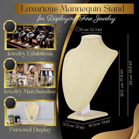 Flexzion Necklace Bust Display Stand (2 Pack) - 9.6 Inch 3D Mannequin Beige Linen Necklace Display Holder for Home, Boutique & Trade Shows - Jewelry Display for Selling Necklace, Pendants, Lockets in Saudi Arabia