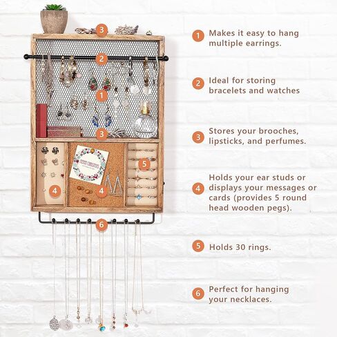 Tektalk منظم مجوهرات معلق على الحائط حامل مجوهرات حامل مجوهرات شجرة حامل مجوهرات عرض مجوهرات للقلائد والأساور والأقراط والخواتم - بني in Kuwait