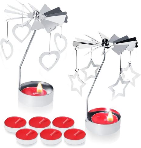 RETON 2 Pcs Spinning Candle Holder, Metal Rotating Tea Light Candle Holder Carousel Candle Holder, Silver Spinning Tealight Holder for Home Festival Decoration + 8pcs Tealight Candles (Deer & Angel) in Saudi Arabia