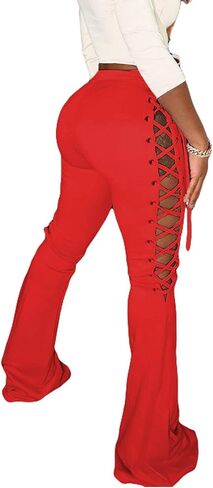 KIRJAUDU Women's Flare Pants Solid Color Side Criss Cross Lace Up Floor Length Bell Bottom Pants in Saudi Arabia
