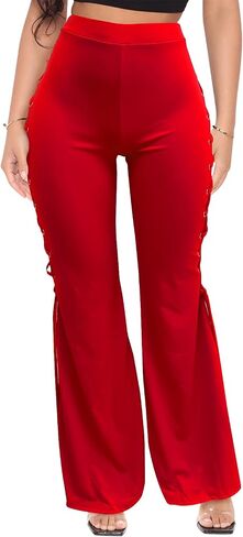KIRJAUDU Women's Flare Pants Solid Color Side Criss Cross Lace Up Floor Length Bell Bottom Pants in Saudi Arabia