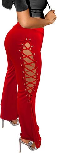 KIRJAUDU Women's Flare Pants Solid Color Side Criss Cross Lace Up Floor Length Bell Bottom Pants in Saudi Arabia