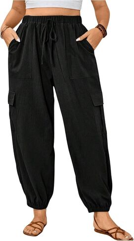 SOLY HUX Women's Plus Size High Waist Cargo Pants Casual Loose Baggy Jogger Pants Trousers Pockets in Kuwait