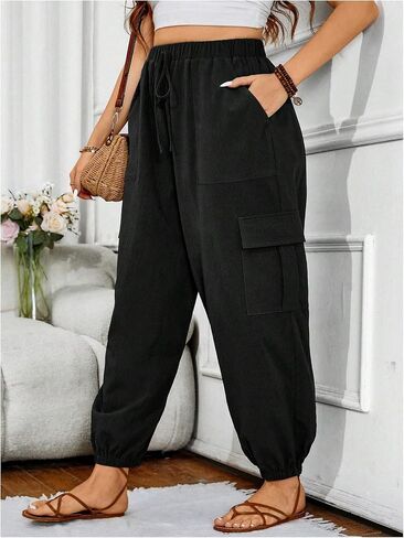 SOLY HUX Women's Plus Size High Waist Cargo Pants Casual Loose Baggy Jogger Pants Trousers Pockets in Kuwait