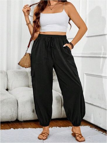 SOLY HUX Women's Plus Size High Waist Cargo Pants Casual Loose Baggy Jogger Pants Trousers Pockets in Kuwait