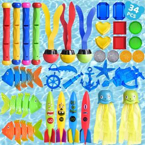 FUN LITTLE TOYS 34PCS Diving Toys for Pool for Kids, Pool Toys for Kids Swimming Pool Accessories Toddler Pool Games for Adults and Family Outdoor Water Toys Summer Swim Toys Dive Pool Party Supplies
