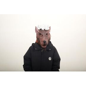 Floral Fabric Granny Wolf Mask, Latex, Brown with Gray Fur And Hat