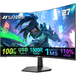 شاشة SANSUI المنحنية مقاس 27 بوصة 100 هرتز USB من النوع C مع مكبرات صوت مدمجة 丨FHD 1080p丨HDR丨110% sRGB丨1500R丨VESA متوافقة، للكمبيوتر اللوحي وسطح المكتب والكمبيوتر المحمول وألعاب الكمبيوتر الشخصي (ES-27C1)