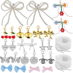 Shoe Charms for Sneakers Kit 28pcs Pearl Bowknot Lace Shoe Laces Jewelry Charms with Lobster Clasps Bows Pins for Shoes Pins for Sneakers Sambas Decoration Accessories for Women Fashion