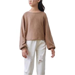 SOLY HUX Girl's Bishop Long Sleeve T Shirt Round Neck Loose Solid Tee Tops
