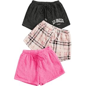 Milumia Women's 3 Pack Plaid Fuzzy Tie Front Pajama Bottoms Cute Lounge Shorts