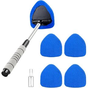 Car Window Cleaner Kit with 4 Reusable Microfiber Pads, Extendable Long Handle Glass Wiper for Windshield Cleaning, Universal Auto Accessory for Home and Office