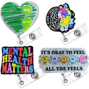 4PC Mental Health Matters Badge Reel Awareness Social Work Worker Medical Nurse Badges Clip Holder Retractable Funny Cute It’s Okay to Feel All Feels You Matter Green Heart Neuro Gifts Accessories