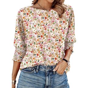IECCP 3/4 Length Sleeve Womens Tops Summer 2024 Fashion Trendy Boat Crew Neck Smocked Work Dressy Casual T Shirt Blouses