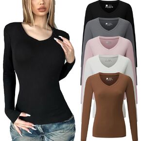 FMNNNN 5 Piece Womens V Neck Long Sleeve Shirts Basic Spring Crop Tops Fall Fashion Layering Slim Fitted Y2k Tops