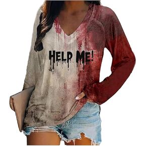 QIANRUO I'm Fine Bloody T Shirt Women Problem Solved Bloody Shirt Halloween Horror Blood Tee Long Sleeve V-Neck Tops Blouse