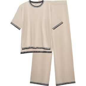 VintageClothing المرأة متماسكة صالة مجموعة 2 قطعة وتتسابق مجموعات سترة قصيرة الأكمام البلوز القمم بنطال ذو قصة أرجل واسعة رياضية
