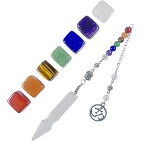 EDEN'S CALL 7 Chakra Therapy Crystal Stones Set, Healing 7 Chakra Polished Square Stones + Lucky Arrow Rose Quartz Pendulum with 7 Chakra Chain for Dowsing Divination