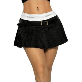 Women's Y2K PU Belted Skirt Loose Pleated Mini Skirt Zip Up Ultra Low Waist Short Skirt with Belt