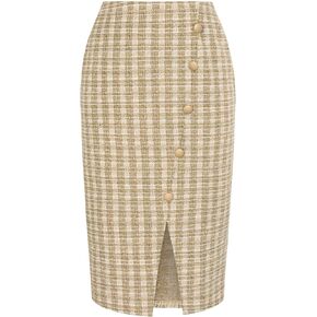 Kate Kasin Women Tweed Plaid Skirt Fall Stretchy High Waisted Midi Pencil Skirts with Slit 2024
