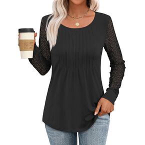 ANRABESS Women’s Long Sleeve Shirts Pleated Lace Tunic Tops Business Casual Work Blouses 2024 Fall Fashion Outfits
