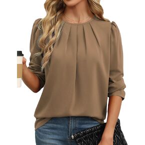 Womens Tops Long Sleeve Dressy Casual Pleated Shirts Crew Neck Tuinc Top Trendy Office Work Blouse 2024
